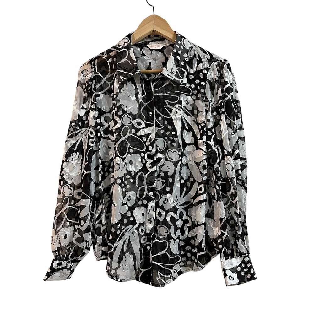 Gorman Black White Floral Burnout Devore‎ Sheer Button Down Shirt Womens 10